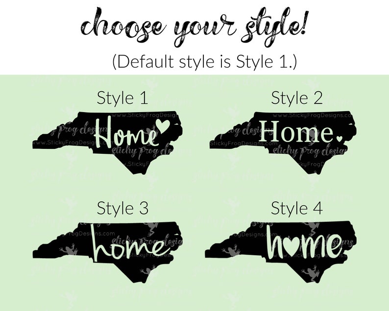 May include: Four different styles of North Carolina state outline designs with the word "Home" in various fonts and styles. The designs are black on a light green background.