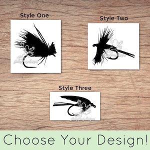 May include: Three different styles of fly fishing fly silhouettes.  Style One is a full silhouette of a fly with a hook. Style Two is a silhouette of a fly with a hook. Style Three is a silhouette of a fly with a hook.