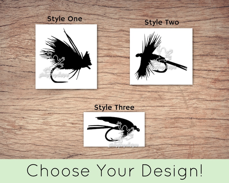 May include: Three different styles of fly fishing fly silhouettes.  Style One is a full silhouette of a fly with a hook. Style Two is a silhouette of a fly with a hook. Style Three is a silhouette of a fly with a hook.