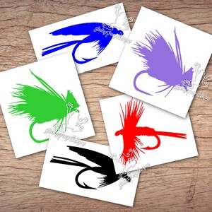 May include: Five different colored fly fishing lure silhouettes on white backgrounds. The lures are black, blue, green, purple, and red.