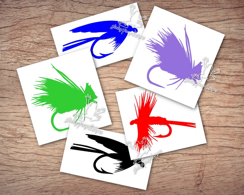 May include: Five different colored fly fishing lure silhouettes on white backgrounds. The lures are black, blue, green, purple, and red.