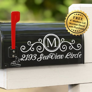 Mailbox Decal Personalized with Last Name Monogram & Address - Ornamental Street Name Decor - House Number Vinyl Decal - Modern Curb Appeal