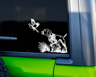 Pointer Hunting Dog Pheasant Decal – Bird Dog Vinyl Sticker for Car, Truck, Cooler – GSP with Flushing Pheasant – Upland Hunter Gift
