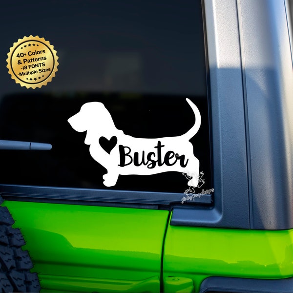 Personalized Basset Hound Decal for Cars, Tumblers, Laptops and More - Custom Pet Name Sticker - Dog Mom Gift - Basset Hound Window Decal