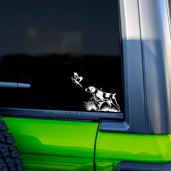 Brittany Hunting Dog Pheasant Decal – Bird Dog Vinyl Sticker for Car, Truck, Cooler – Spaniel with Flushing Pheasant – Upland Hunter Gift