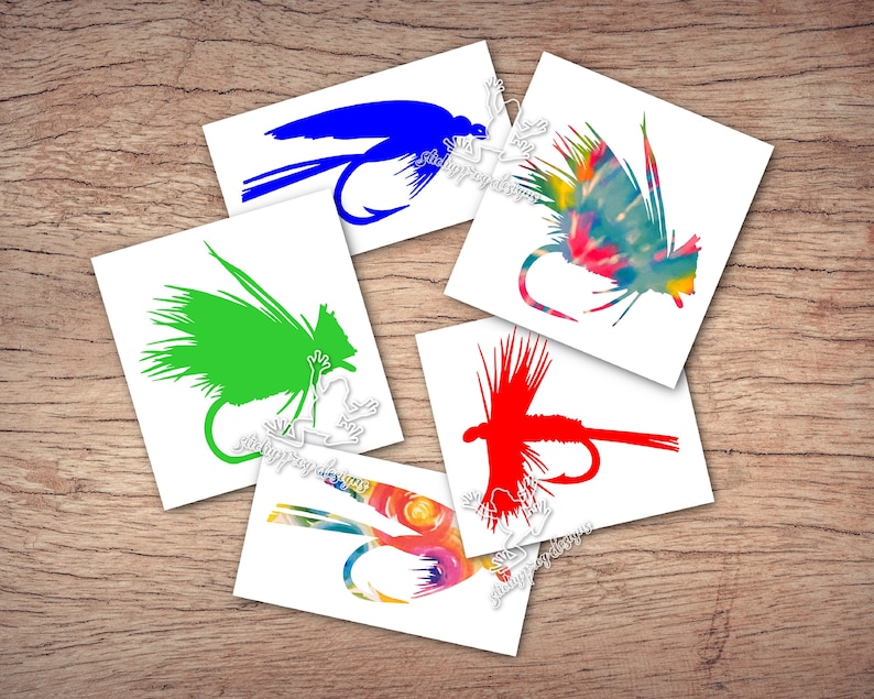 May include: Five different fly fishing lure designs printed on white paper. The lures are in various colors, including blue, green, red, and a tie-dye pattern.