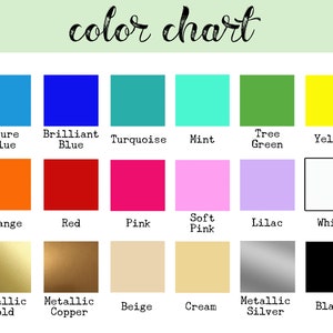 May include: Color chart with 16 color swatches. The swatches are arranged in three rows of six. The colors are: Azure Blue, Brilliant Blue, Turquoise, Mint, Tree Green, Yellow, Orange, Red, Pink, Soft Pink, Lilac, White, Metallic Gold, Metallic Copper, Beige, Cream, Metallic Silver, and Black.