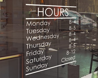 Store Hours Decal - Personalized Business Signage - Custom Open Close Hours Sticker - Vinyl Window Sign - Shop Hours Display