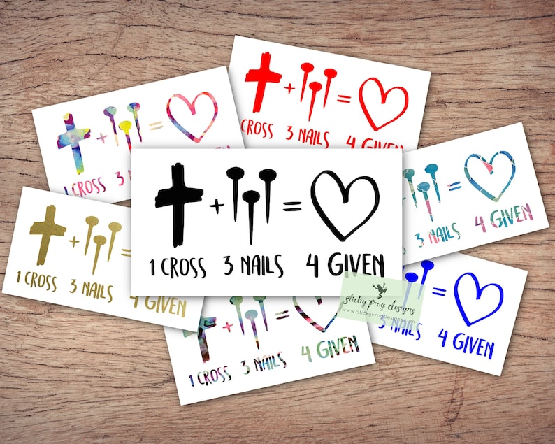 Peut inclure: Un ensemble de 6 designs num&eacute;riques color&eacute;s repr&eacute;sentant une croix, des clous et un c&oelig;ur avec le texte "1 croix 3 clous 4 donn&eacute;s".
