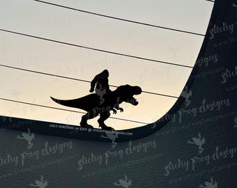 Bigfoot Riding T-Rex Decal -  Funny Sasquatch Dinosaur Vinyl Sticker - Cryptid Silhouette Car Window Decal
