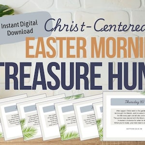 Puede incluir: Una búsqueda del tesoro imprimible para la mañana de Pascua con una tarjeta de título azul y blanca que dice "Búsqueda del tesoro de la mañana de Pascua centrada en Cristo". Las tarjetas están impresas en papel blanco con un diseño de hojas de palmera verdes. El texto en las tarjetas dice "Jueves (6) Después de la cena, Cristo fue al jardín a orar. Llevó a sus amigos, y les pidió que se quedaran. Dejó cada gota de su sangre y sus lágrimas. El jardín estaba manchado de su sangre y sus lágrimas. Un momento de silencio por todo lo que hizo por nosotros. Cuando estés listo, tu próxima pista está debajo de una silla. Mateo 26:36-54"