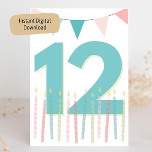 12. Geburtstag Karte Druckbare Karte Für Mädchen Jungen Geburtstag Zwölfter Geburtstag Zwölf Jahre alte Druck zu Hause PDF Instant Download