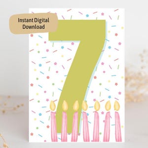 Carte de 7e anniversaire à imprimer pour filles, garçons, joyeux anniversaire, septième anniversaire, sept ans, impression à la maison, téléchargement immédiat au format PDF
