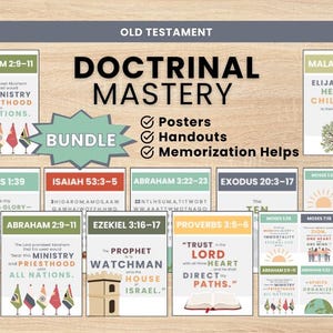 May include: A Doctrinal Mastery bundle featuring Old Testament study materials including posters, handouts, and memorization aids. The collection displays various scripture references like Abraham 2:9-11, Isaiah 53:3-5, and Proverbs 3:5-6 with colorful graphic illustrations.