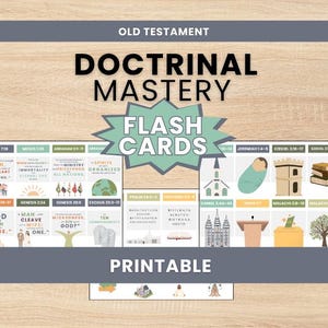 Könnte beinhalten: Ein Set von Doctrinal Mastery Lernkarten zum Alten Testament mit verschiedenen religiösen Illustrationen und Textreferenzen. Die druckbaren Karten enthalten farbenfrohe Symbole wie eine Kirche, einen Baum, Bücherstapel und verschiedene Figuren.