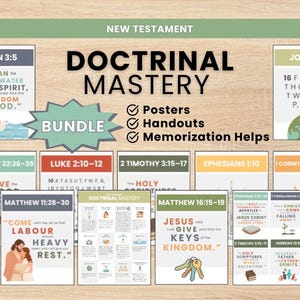 May include: A Doctrinal Mastery New Testament bundle featuring multiple educational posters and handouts. The collection includes various scripture verses, illustrations of a dove, keys, and a globe, with text such as John 3:5 and Matthew 11:28-30.