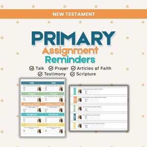 Puede incluir: Una hoja imprimible de recordatorios de asignaciones para el Nuevo Testamento, con categorías para Talk, Prayer, Articles of Faith, Testimony y Scripture. El diseño incluye marcas de verificación, encabezados coloridos y líneas para fecha y hora.