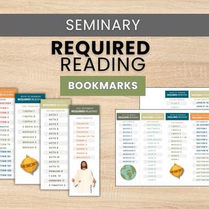 May include: A collection of Seminary Required Reading bookmarks and charts featuring lists of scripture sections, books, and chapters. The designs include illustrations of Jesus Christ, a globe, and a golden compass, with text headers in orange, blue, green, and grey.
