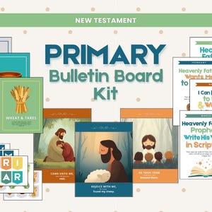 May include: A Primary Bulletin Board Kit featuring New Testament themed posters, cards, and banners. The set includes illustrations of biblical scenes, wheat, and text-based monthly themes in a palette of teal, orange, and cream with polka dots.