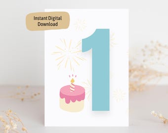First Birthday Card Printable, One Year Old, PDF (Digital Download)