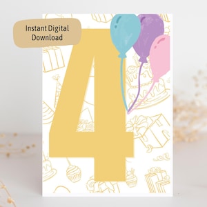 Printable 4th Birthday Card Printable Card For Girls Boys Happy Birthday Four Year Old Print At Home PDF Instant Download