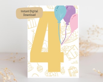 Peut inclure: Une carte d'anniversaire imprimable avec un grand chiffre quatre jaune sur fond blanc. Le chiffre quatre est entouré d'illustrations sur le thème de l'anniversaire, notamment des ballons, des cadeaux et des cupcakes. Le texte "Téléchargement numérique instantané" apparaît dans un encadré blanc en haut de la carte.