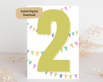 Cartão de 2º aniversário para impressão Cartão para impressão para meninos e meninas Feliz aniversário de dois anos Imprimir em casa PDF Download instantâneo