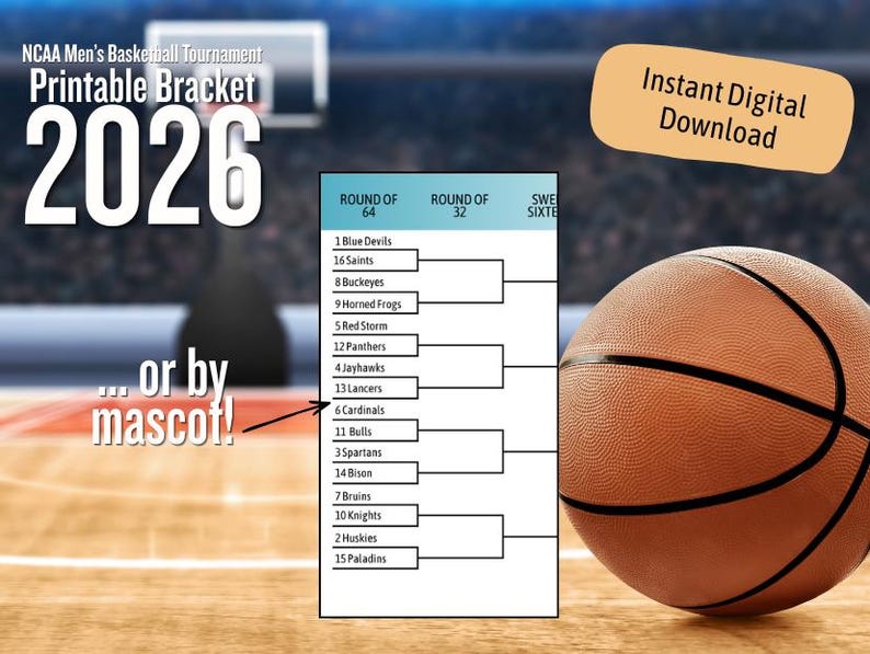 2026 March Madness Printable Bracket – Team & Mascot Tourney Picks ...