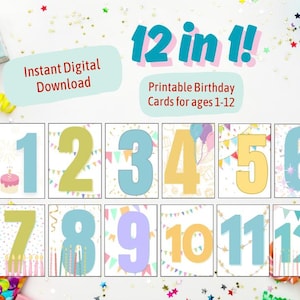 PRINTABLE Birthday Card *BUNDLE* – Kids Ages 1 to 12 – PDF – Instant Download - Child Birthday Card Printable Set First Birthday Through 12