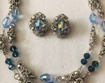 Vintage Silvertone Blue Glass Bead Two Strand Necklace Earrings