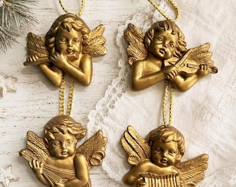 Vintage Ceramic Cherub Angel Ornaments,  Set of 4 - Gold Musical Angels - Christmas Tree Decorations - Flute Violin Harp Accordion