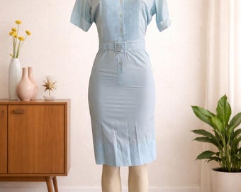 Vintage Dress by Countrywise Macshore Classics, 1950s Size XS/S – Midcentury Summer Blue Midi with Belt