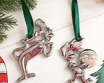 Vintage Dr. Seuss Cat in the Hat Silver Plated Christmas Ornaments, Set of 2 - Official Movie Merchandise