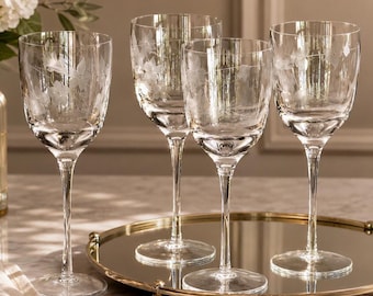 Vintage Etched  Wine Glasses - Set of 4, Elegant Long Stem