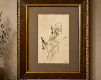 Original Art – "The Book" by Shelly Fink (1968) – Signed Lithograph – Framed Rabbi Portrait