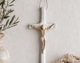 Vintage Ceramic  Crucifix Cross Wall Hanging – 5.5" Tall – Catholic Christian Decor