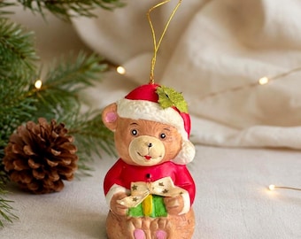 Vintage Teddy Bear Bell Ornament by Giftco Holly Bells, 1986  | Hand-Painted Ceramic Christmas Bear