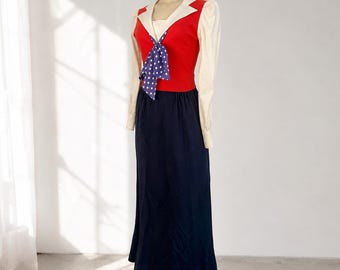 Vintage 1970s Red White Blue Maxi Dress, Polka Dot Scarf Neckline, Size S/M