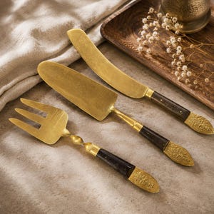 Vintage Brass Teak Wood Siam Serving Set – Buddha Knife, Fork, Spatula – Thailand 1940s