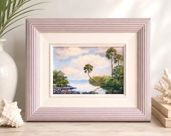Original Florida Coastal Landscape Painting by Carolton Barron | Signed Miami Artist Palm Tree Water Scene | Framed