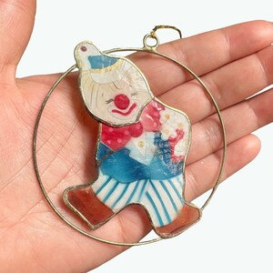 Vintage Clown Ornament Mother of Pearl Metal Ring 3.25” Rare Circus Suncatcher Wall Hanging Clown Decor