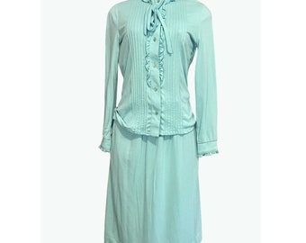 Vintage Butte Knit 3-Piece Set 1970s – Blouse, Skirt & Belt – Light Blue – Size Small –  Ruffle Top and Midi Skirt
