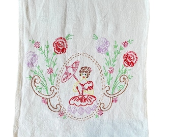 Camino de mesa vintage bordado a mano: Niña con sombrilla y flores / Mantelería de mediados de siglo / Decoración de cocina vintage