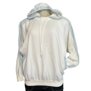Vintage 1980s Lizwear Hoodie Sweatshirt – White & Blue Striped, Size M, Retro Liz Claiborne RN 52002, Fall Spring Fashion