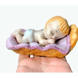 Vintage Baby Figurine by Davar – Sleeping Thumb-Sucking Infant in Crib, Ceramic Bisque, Made in Taiwan