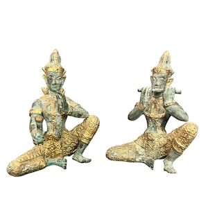 Vintage Thai Gilt Bronze Statues Rattanakosin Teppanim set of 2 Sacred Deity Buddhist Temple Musicians Decor Gold Verdigris pair decor gift.