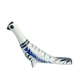 Vintage Tonala Pottery Bird Hand-Painted Mexican Folk Art Ceramic - folk art sculpture white blue