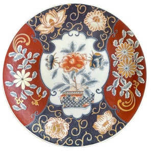 Vintage XL Chinese Imari Charger Plate – 16&quot; Hand-Painted Porcelain with Peony & Floral Motif – Blue Gold Decorative Wall Plate – Gift Idea