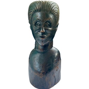 Vintage Wood Carving Bust • Fine Arts Sculpture Hand Carved Man Signed Roy • Wooden Sculpture Decor, Gift for Him