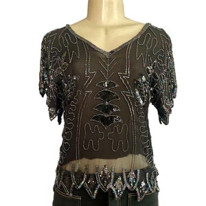 Vintage Sequin Blouse – 1980s Silk Beaded Top – Retro India Short Sleeve Shirt Size S
